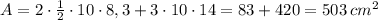 A=2\cdot\frac12\cdot10\cdot8,3+3\cdot10\cdot14=83+420=503\,cm^2