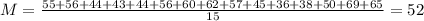 M = \frac{55+56+44+43+44+56+60+62+57+45+36+38+50+69+65}{15} = 52