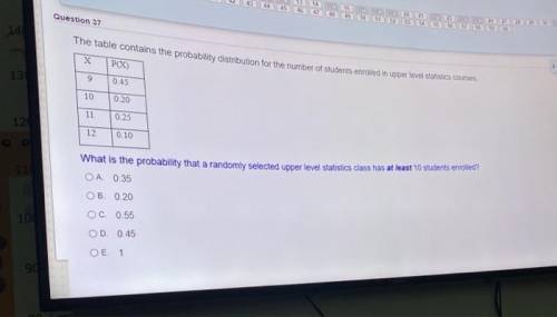 what is the probability that a randomly selected upper level statistics class has at least 10 studen