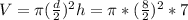 V=\pi (\frac{d}{2} )^2h=\pi * (\frac{8}{2}) ^2*7