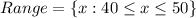 Range = \{x : 40 \le x \le 50\}