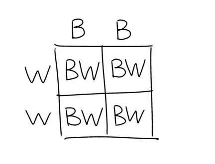 Black (B) is co-dominant to white (W). What percentage of the offspring will be black-and-white if a