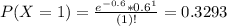 P(X = 1) = \frac{e^{-0.6}*0.6^{1}}{(1)!} = 0.3293
