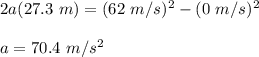 2a(27.3\ m) = (62\ m/s)^2-(0\ m/s)^2\\\\a = 70.4\ m/s^2