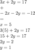 3x + 2y = 17 \\  +  \\  - 2x - 2y =  - 12 \\  = \\ x = 5 \\ 3(5) + 2y = 17 \\ 15 + 2y = 17 \\ 2y = 2 \\ y = 1