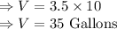 \Rightarrow V=3.5\times 10\\\Rightarrow V=35\ \text{Gallons}