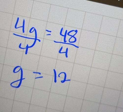 Which value in the set {12.16,44,52} is a solution of the equation 4g= 48? Show your work. ANSWER AS