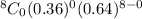 ^{8}C_{0}(0.36)^{0}(0.64)^{8-0}