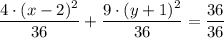 \dfrac{4\cdot (x - 2)^2}{36}  + \dfrac{9 \cdot (y + 1)^2}{36} = \dfrac{36}{36}