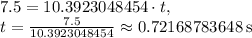 7.5=10.3923048454\cdot t,\\t=\frac{7.5}{10.3923048454}\approx 0.72168783648\:\text{s}
