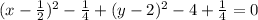 (x-\frac{1}{2} )^2-\frac{1}{4} +(y-2)^2-4+\frac{1}{4} =0