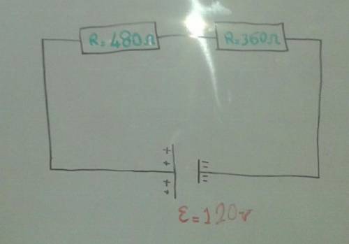 A 480 Ω resistor is connected in series to a 360 Ω resistor and a 120-V power supply.

a. Draw the c