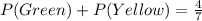 P(Green) + P(Yellow)= \frac{4}{7}