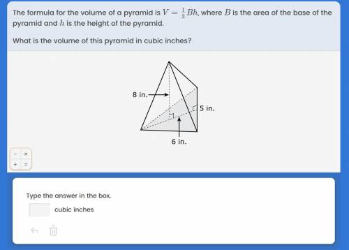 The formula for the volume of a pyramid is v=1/3Bh. Where B is the area of the pyramid and h is the