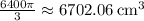 \frac{6400\pi}{3}\approx 6702.06\:\mathrm{cm^3}