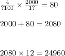 \frac{4}{?100}  \times   \frac{2000}{1?}  = 80 \\  \\ 2000 + 80 = 2080 \\  \\  \\ 2080 \times 12 = 24960