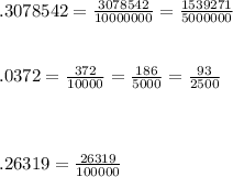 .3078542 = \frac{3078542}{10000000} = \frac{1539271}{5000000}\\\\\\.0372 = \frac{372}{10000} = \frac{186}{5000} = \frac{93}{2500}\\\\\\\\.26319 = \frac{26319}{100000}     \\