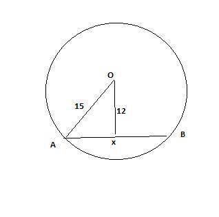 Chord \displaystyle \overline{AB} AB is 12 inches from center \displaystyle OO. If the radius has a