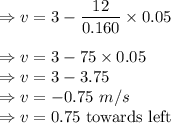 \Rightarrow v=3-\dfrac{12}{0.160}\times 0.05\\\\\Rightarrow v=3-75\times 0.05\\\Rightarrow v=3-3.75\\\Rightarrow v=-0.75\ m/s\\\Rightarrow v=0.75\ \text{towards left}