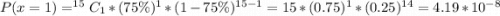 P(x = 1) = ^{15}C_{1} * (75\%)^1 * (1 - 75\%)^{15 - 1} = 15* (0.75)^1 * (0.25)^{14} = 4.19 * 10^{-8}