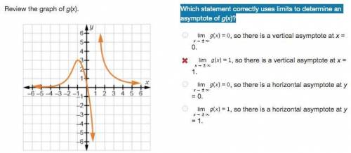 Which statement correctly uses limits to determine an asymptote of g(x)?