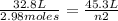 \frac{32.8 L}{2.98 moles} =\frac{45.3 L}{n2}