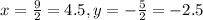 x=\frac{9}{2} =4.5, y=-\frac{5}{2} =-2.5