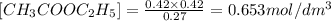 [CH_3COOC_2H_5]=\frac{0.42\times 0.42}{0.27}=0.653mol/dm^3