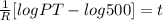 \frac{1}{R} [log PT-log500]=t