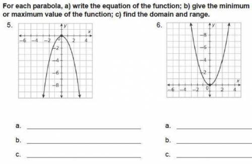For each parabola, a) Write the equation of the function; b) Give the minimum or maximum value of th