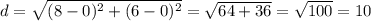 d=\sqrt{(8-0)^2+(6-0)^2}=\sqrt{64+36}=\sqrt{100}=10