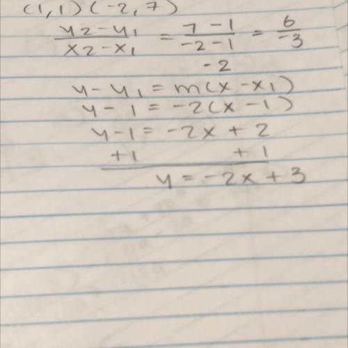 What is an equation that represents the line that passes through the points (1, 1) and (-2, 7)?