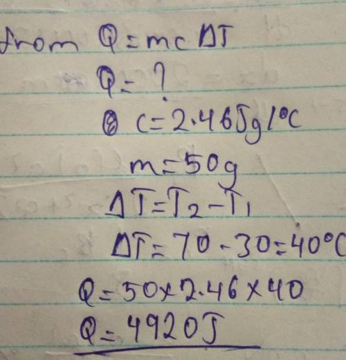 Ethanol has a heat capacity of 2.46 Jig 'c. If 50 g of ethanol has a temperature of 30°C and a piece