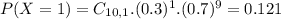 P(X = 1) = C_{10,1}.(0.3)^{1}.(0.7)^{9} = 0.121