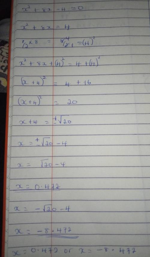 If using the method of completing the square to solve the quadratic equation

x^2 + 8x – 4 = 0, whic