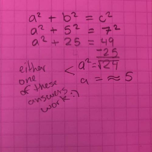 In a triangle 7 is the hypotenuse and 5 is the leg what are all posibilities of x

please answer lik