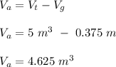 V_a = V_t - V_g\\\\V_a = 5 \ m^3  \ - \ 0.375 \ m\\\\V_a = 4.625 \ m^3