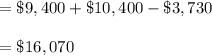 = \$9,400 + \$10,400 - \$3,730\\\\ = \$16,070