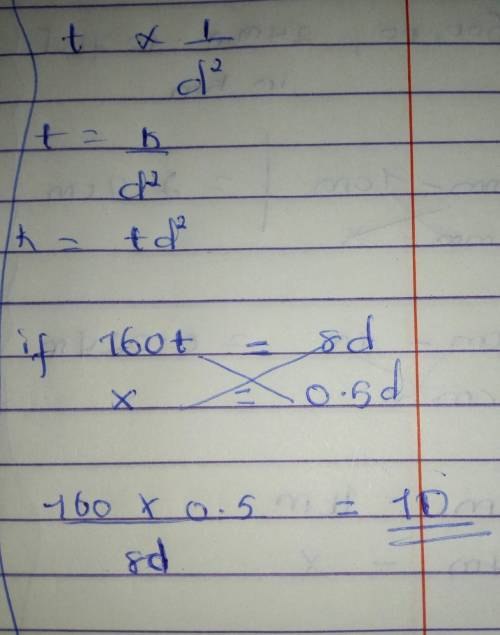 T is inversely proportional to d^2 (d squared)
when t is 160 d is 8 
find t when d is 0.5
