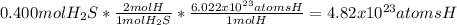 0.400molH_2S*\frac{2molH}{1molH_2S}*\frac{6.022x10^{23}atomsH}{1molH}=4.82x10^{23}atomsH
