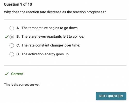 Why does the reaction rate decrease as the reaction progresses?

O A. The temperature begins to go d