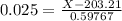 0.025 = \frac{X - 203.21}{0.59767}