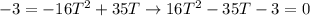 -3 = -16T^2 + 35T \rightarrow 16T^2 - 35T - 3 = 0