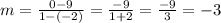 m=\frac{0-9}{1-(-2)} =\frac{-9}{1+2} =\frac{-9}{3} =-3