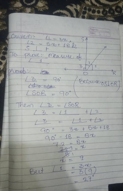 If ∠1 = 3x, ∠2 = 5x + 18, and s ⊥ r, find m∠1.