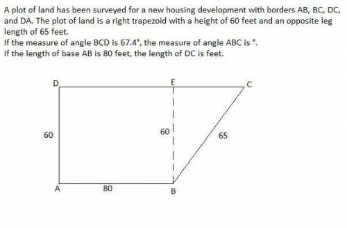 f the measure of angle BCD is 67.4°, the measure of angle ABC is °. If the length of base AB is 80 f