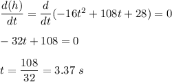 \dfrac{d(h)}{dt}=\dfrac{d}{dt}(-16t^2+108t+28)=0\\\\-32t+108=0\\\\t=\dfrac{108}{32}=3.37\ s