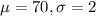 \mu = 70, \sigma = 2