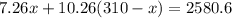 7.26x + 10.26(310 - x) = 2580.6