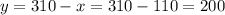 y = 310 - x = 310 - 110 = 200